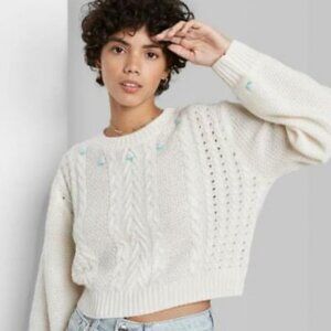 Wild Fable Cream Cropped Cable Embroidered Crew Neck Long Sleeved Sweater NWT 3X